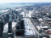 Nice view from CN tower down to snow covered Toronto in March 2016.